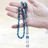 925 Ayar Gümüş Çift Püsküllü Arpa Kesim Turkuaz Ateş Kehribar Tesbih