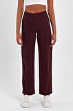 Kadın  Yüksek Bel Geniş Paça Kargo Pantolon Bordo