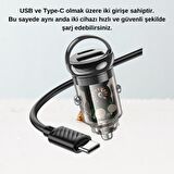 Coofbe HC QC3.0 PD30W Araç Şarj Seti Type-C USB Girişli Type-C Kablolu Araç Şarjı Araç Çakmaklık Hızlı Şarj Aleti