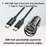 Coofbe HC QC3.0 PD30W Araç Şarj Seti Type-C USB Girişli Type-C Kablolu Araç Şarjı Araç Çakmaklık Hızlı Şarj Aleti