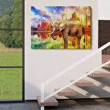 Fil ve Taç Mahal Manzaralı Yağlıboya Görünüm Dekoratif Kanvas Duvar Tablosu-3716