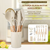 Polham Profesyonel Tam Set 33 Parça BPA İçermez Ahşap Saplı Slikon Mutfak Servis Seti, Servis ve Kevir Seti