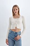 DeFacto Regular Fit Crop Düğmeli V Yaka Triko Hırka A2076AX24AUER103