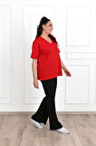 Kadın V Yaka Basic Büyük Beden T-Shirt 1297-22