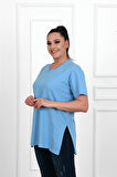 Kadın V Yaka Yırtmaçlı Büyük Beden T-shirt 1199-22