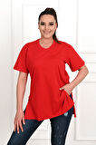 Kadın V Yaka Yırtmaçlı Büyük Beden T-shirt 1199-22