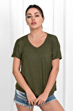 Kadın V Yaka Kısa Kollu T-shirt 1478-23