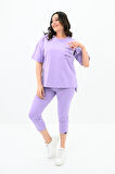 Kadın Yırtık Cep Detaylı Kısa Kollu Büyük Beden Kapri Eşofman Takım 8010-23 Lila-5XL