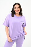 Kadın Yırtık Cep Detaylı Kısa Kollu Büyük Beden Kapri Eşofman Takım 8010-23 Lila-5XL