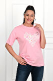 Kadın Büyük Beden Kalp şeklinde Papatya Baskılı T-Shirt 1575-23