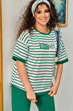Kadın Büyük Beden Bisiklet Yaka Çizgili Yazı Baskılı Kısa Kol Eşofman Takımı 3803-23