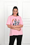 Kadın Büyük Beden Tüy Desen Baskılı T-Shirt 1570-23