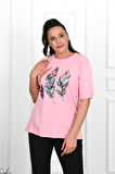Kadın Büyük Beden Tüy Desen Baskılı T-Shirt 1570-23