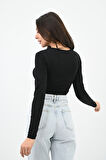 Kadın Büzgülü Uzun Kollu Croptop Bluz 1654-24