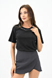 Kadın Bisiklet Yaka Taş Detaylı T-shirt 1749-4-24