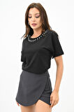 Kadın Bisiklet Yaka Taş Detaylı T-shirt 1749-4-24