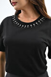Kadın Bisiklet Yaka Taş Detaylı T-shirt 1749-4-24