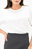Kadın Bisiklet Yaka Taş Detaylı T-shirt 1749-4-24