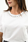 Kadın Bisiklet Yaka Taş Detaylı T-shirt 1749-4-24