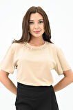 Kadın Bisiklet Yaka Taş Detaylı T-shirt 1749-4-24