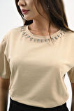 Kadın Bisiklet Yaka Taş Detaylı T-shirt 1749-4-24