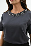 Kadın Bisiklet Yaka Taş Detaylı T-shirt 1749-4-24