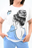 Kadın Büyük Beden Kız Baskılı T-shirt Takım 3800-23 Bebe Mavi-5XL