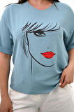 Kadın Büyük Beden Yüz Baskılı T-shirt 1788-25