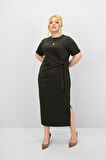 Kadın Büyük Beden Kısa Kollu Bel Bağlama Detaylı Elbise 5303-25