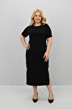 Kadın Büyük Beden Kısa Kollu Yırtmaç Detaylı Basic Elbise 5309-25