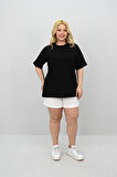 Kadın Büyük Beden Kısa Kollu Bisiklet Yaka Oversize T-shirt 1963-25