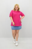 Kadın Büyük Beden Kısa Kollu Bisiklet Yaka Oversize T-shirt 1963-25