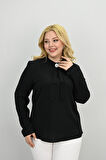 Kadın Büyük Beden Hakim Yaka Fular Bağlama Detaylı Broşlu Bluz 0033-25