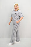 Kadın Büyük Beden Kısa Kollu Nakış İşleme Detaylı Bol Paça Eşofman Takımı 8191-25