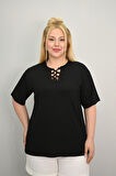 Kadın Büyük Beden Kısa Kollu Yakası Biye Detaylı Bluz 1970-25