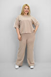 Kadın Büyük Beden Şerit ve Bel Büzgü Detaylı Kısa Kollu Eşofman Takımı 8197-25