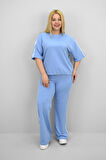 Kadın Büyük Beden Şerit ve Bel Büzgü Detaylı Kısa Kollu Eşofman Takımı 8197-25