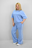 Kadın Büyük Beden Şerit ve Bel Büzgü Detaylı Kısa Kollu Eşofman Takımı 8197-25