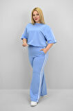 Kadın Büyük Beden Şerit ve Bel Büzgü Detaylı Kısa Kollu Eşofman Takımı 8197-25