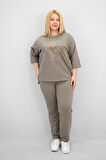 Kadın Büyük Beden Kısa Kollu Çiçek İşlemeli Eşofman Takımı 8199-25