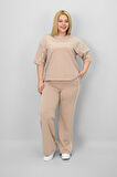 Kadın Büyük Beden Kısa Kollu Ara Biye Detaylı Bol Paça Eşofman Takımı 8189-25