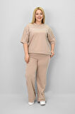 Kadın Büyük Beden Kısa Kollu Ara Biye Detaylı Bol Paça Eşofman Takımı 8189-25