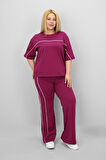 Kadın Büyük Beden Kısa Kollu Ara Biye Detaylı Bol Paça Eşofman Takımı 8189-25