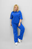 Kadın Büyük Beden Kısa Kollu Ara Biye Detaylı Bol Paça Eşofman Takımı 8189-25
