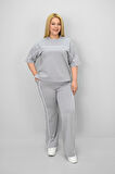 Kadın Büyük Beden Kısa Kollu Ara Biye Detaylı Bol Paça Eşofman Takımı 8189-25