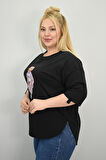 Kadın Büyük Beden Kısa Kollu Taş Detaylı Ayı Baskılı Oversize T-shirt 1926-25
