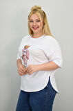 Kadın Büyük Beden Kısa Kollu Taş Detaylı Ayı Baskılı Oversize T-shirt 1926-25