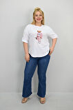 Kadın Büyük Beden Kısa Kollu Taş Detaylı Ayı Baskılı Oversize T-shirt 1926-25