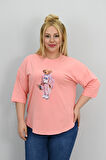 Kadın Büyük Beden Kısa Kollu Taş Detaylı Ayı Baskılı Oversize T-shirt 1926-25