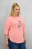 Kadın Büyük Beden Kısa Kollu Taş Detaylı Ayı Baskılı Oversize T-shirt 1926-25